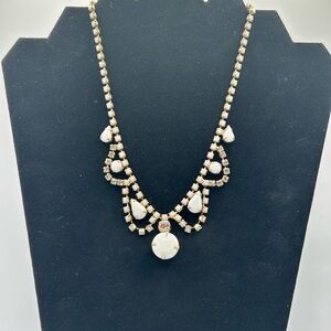 VTG White Milk Glass and Rhinestone Regency style choker necklace